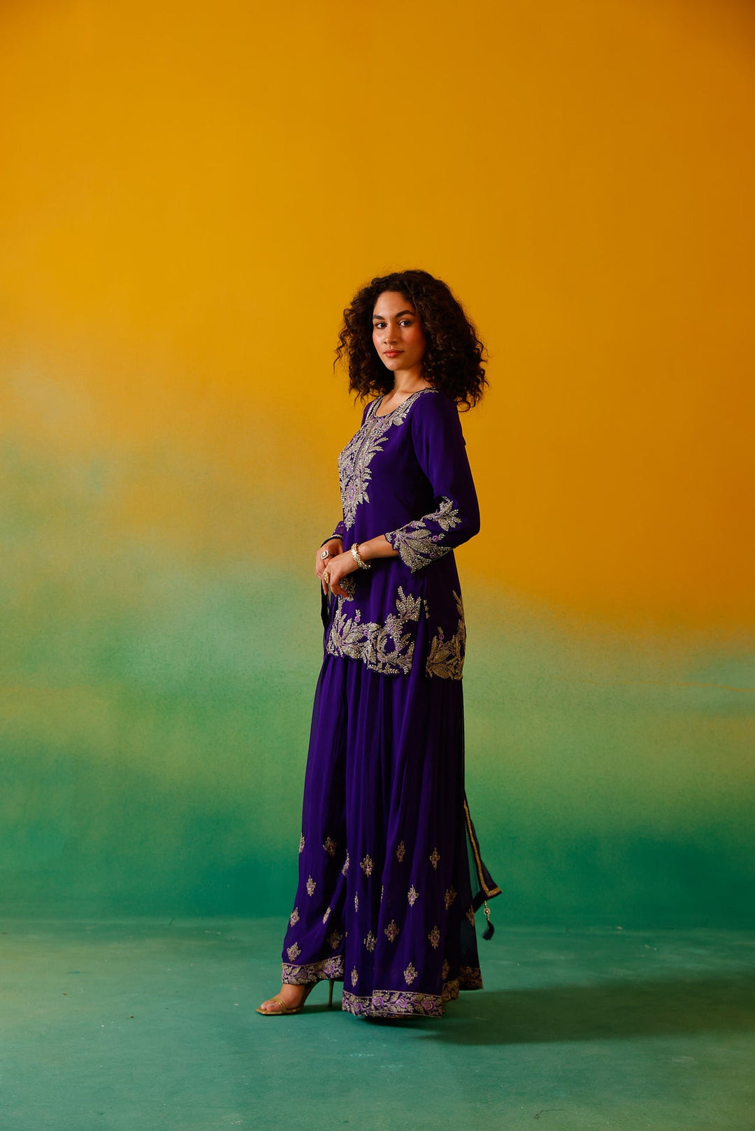 Neerus Purple georgette embroidered suit set - detail view 9