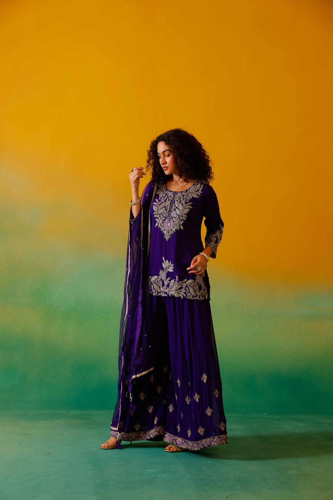 Neerus Purple georgette embroidered suit set - detail view 2