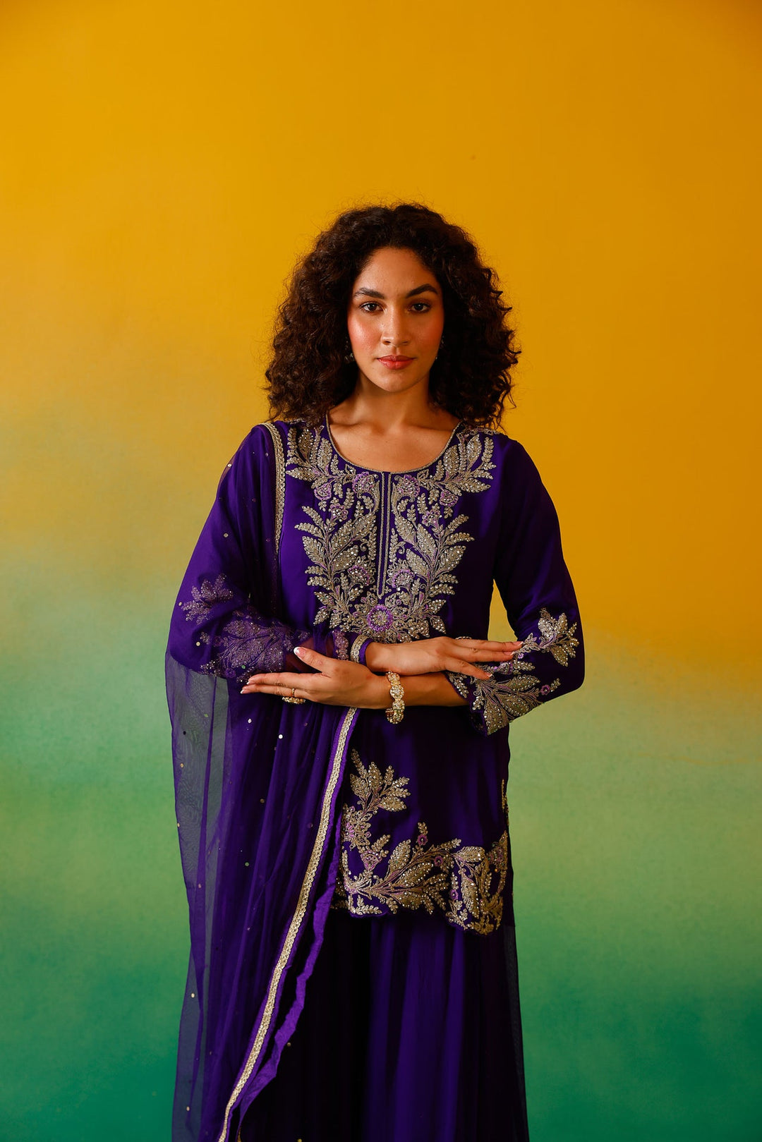 Neerus Purple georgette embroidered suit set - detail view 3