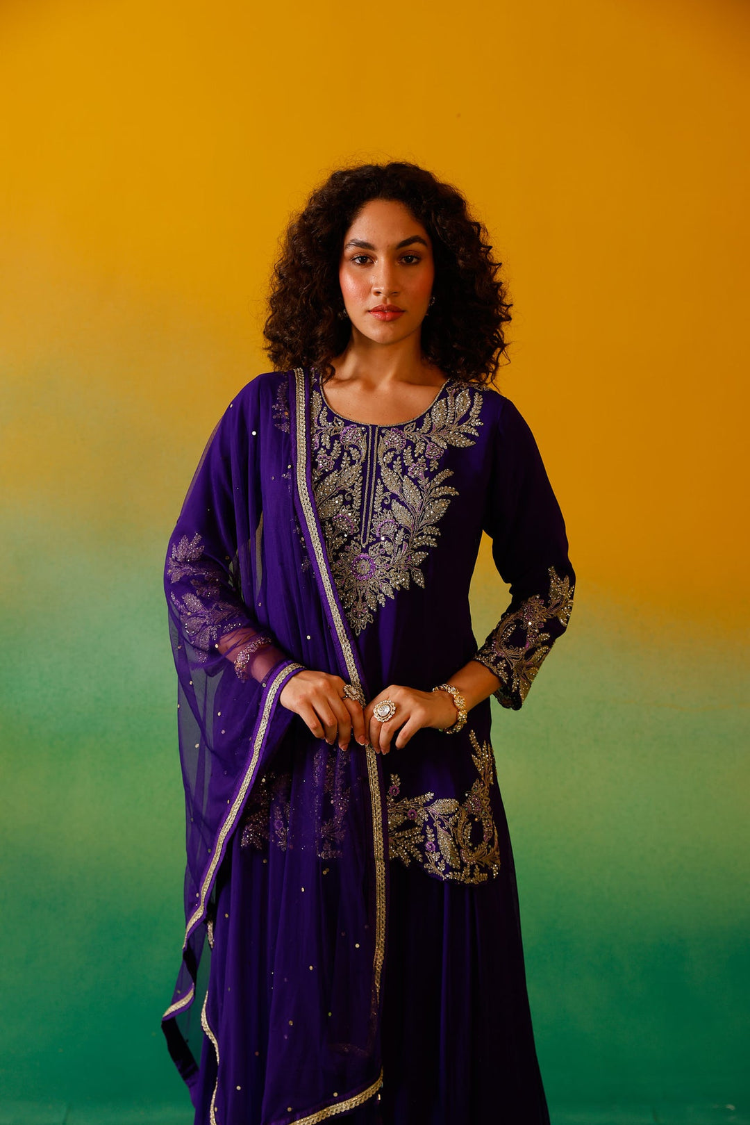 Neerus Purple georgette embroidered suit set - detail view 4