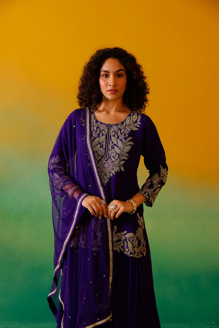 Neerus Purple georgette embroidered suit set - detail view 4