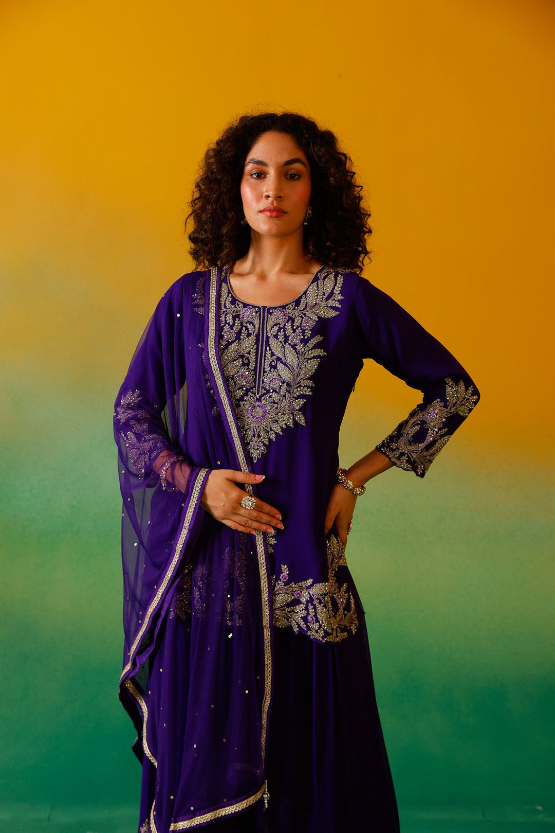 Neerus Purple georgette embroidered suit set - detail view 5