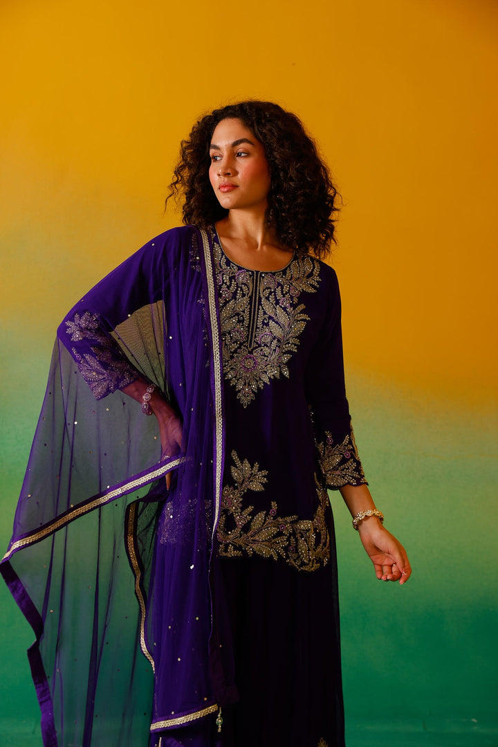 Neerus Purple georgette embroidered suit set - detail view 6