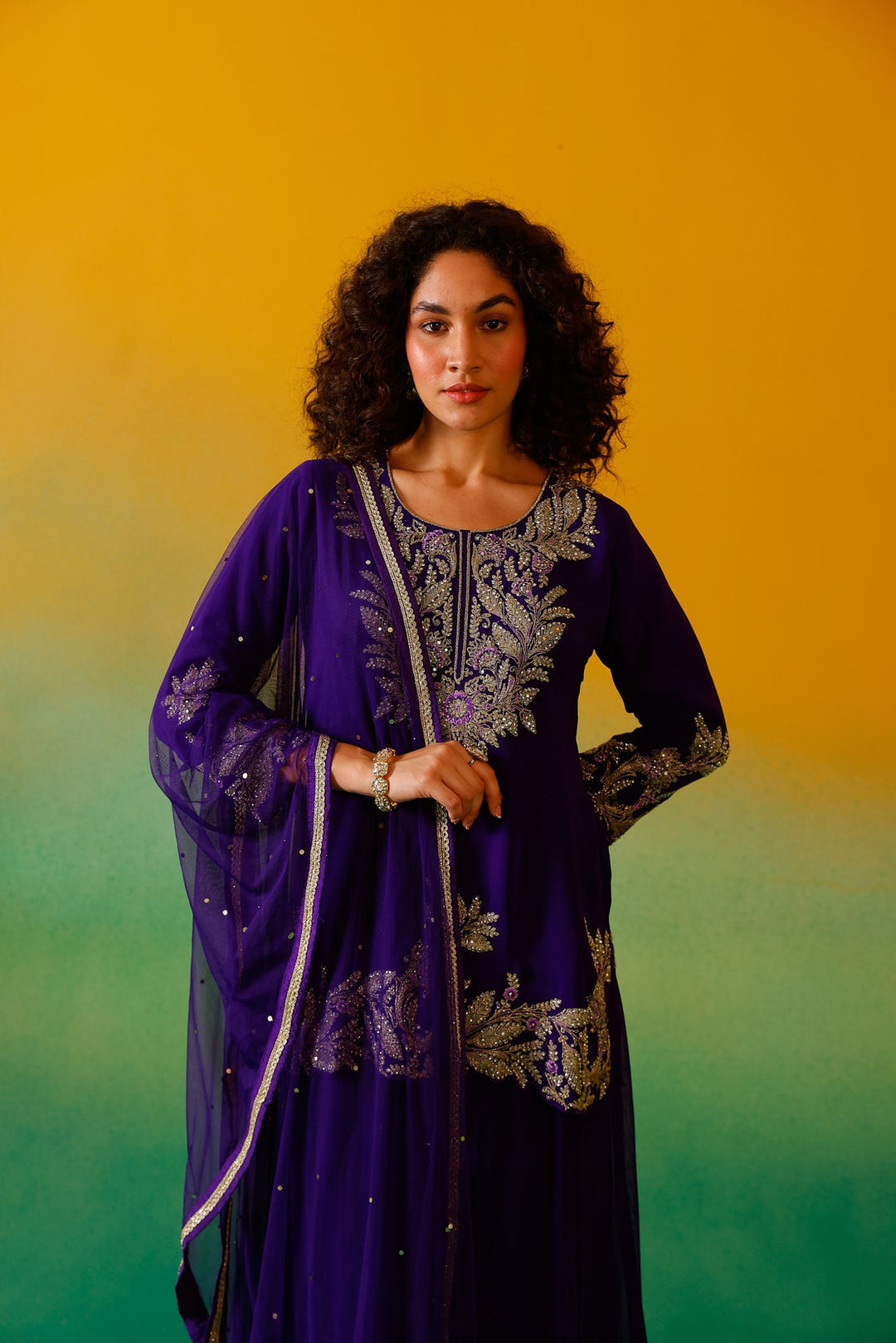 Neerus Purple georgette embroidered suit set - detail view 7