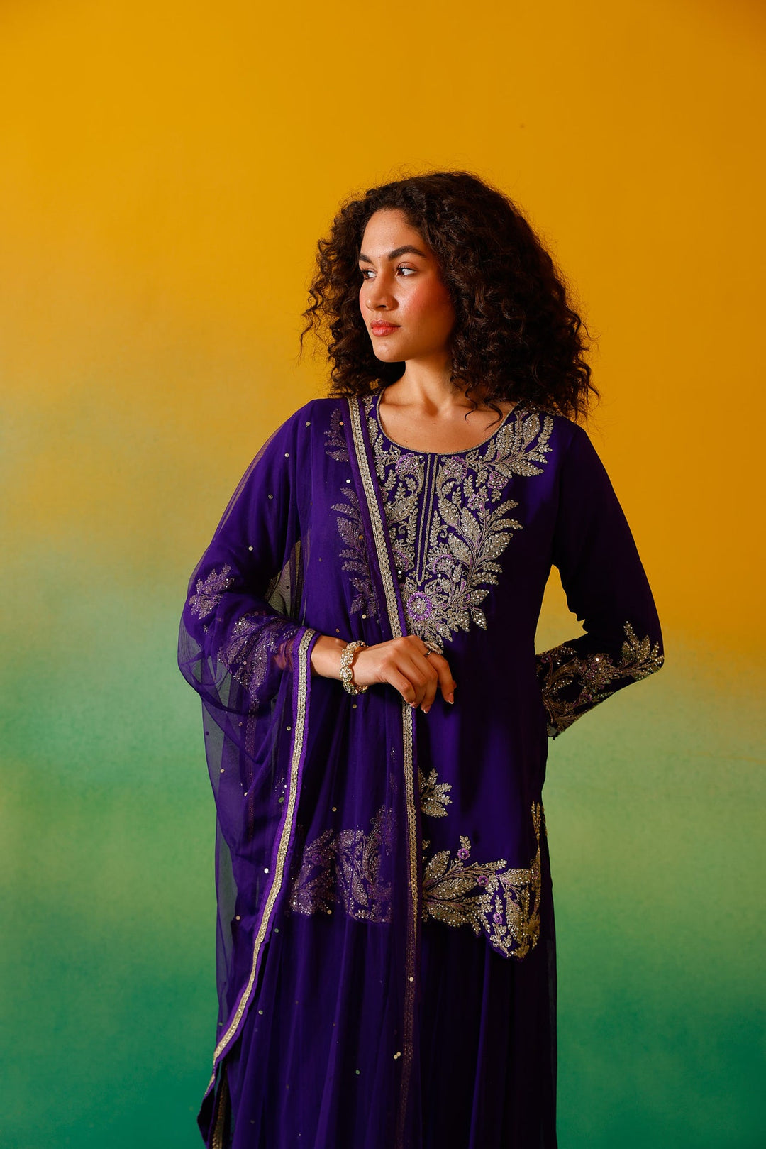 Neerus Purple georgette embroidered suit set - detail view 8