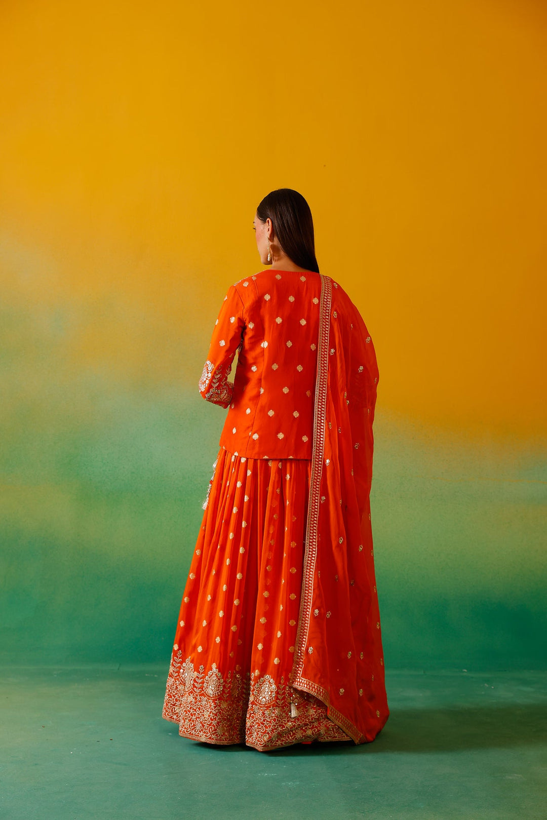 Neerus Orange organza embroidered lehenga ghagra set - detail view 1
