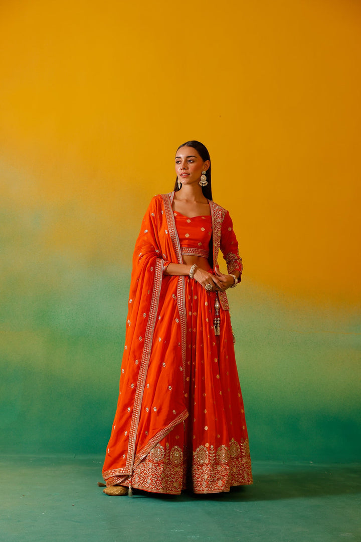 Neerus Orange organza embroidered lehenga ghagra set - detail view 3