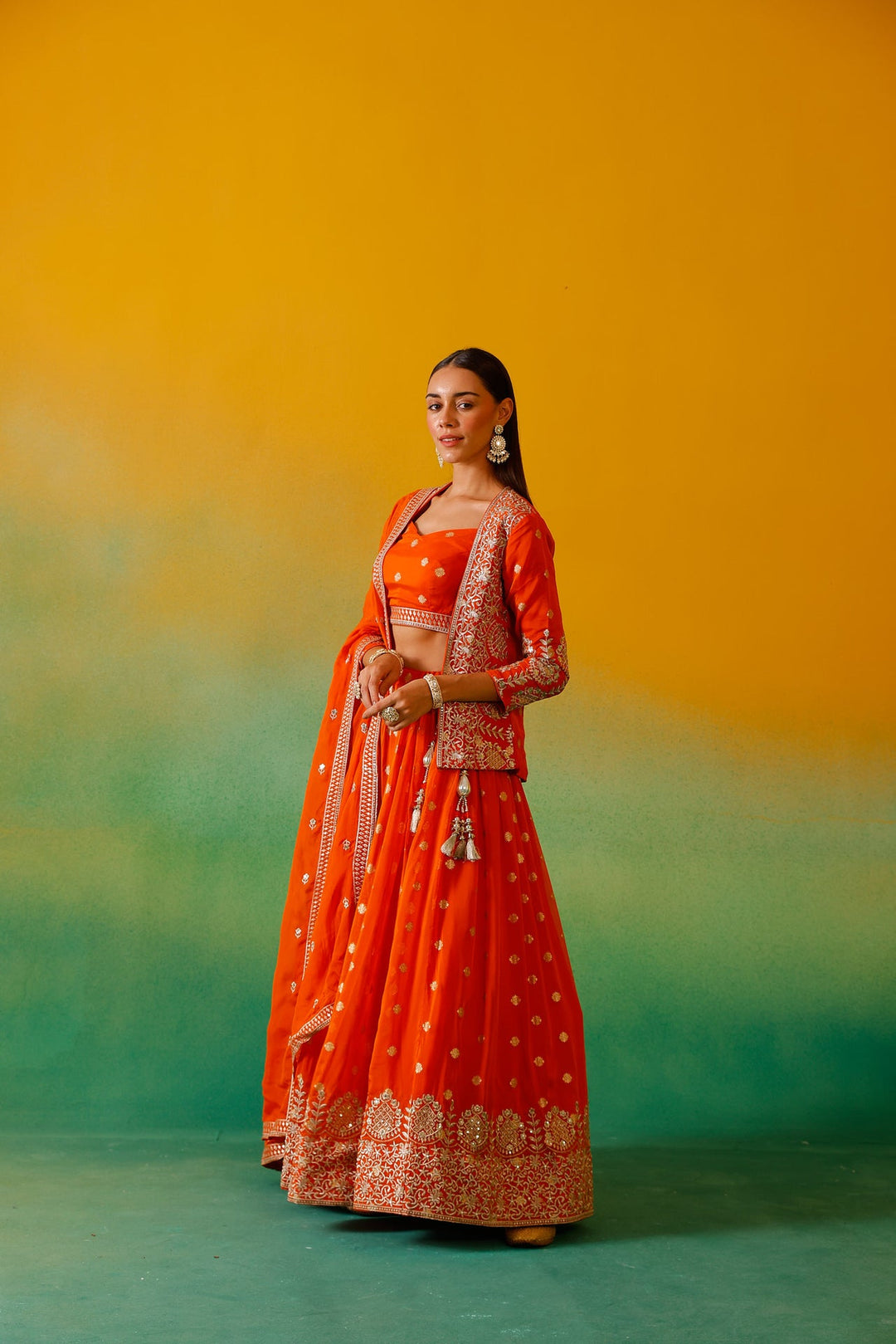 Neerus Orange organza embroidered lehenga ghagra set - detail view 10