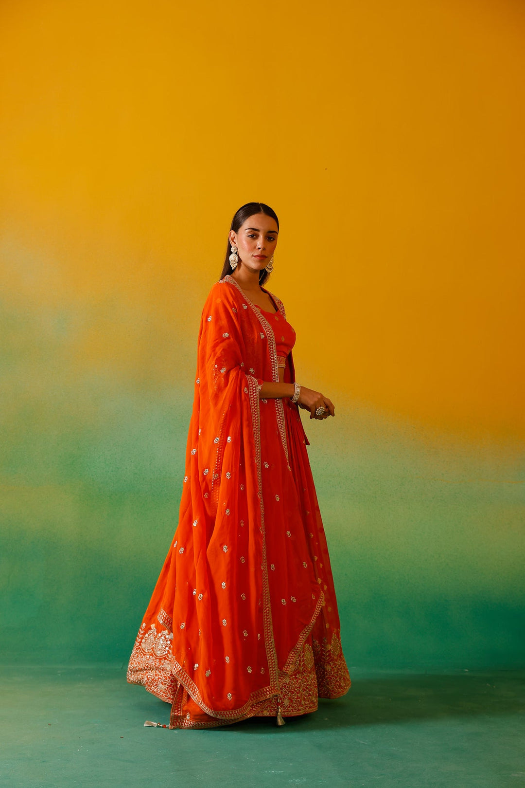 Neerus Orange organza embroidered lehenga ghagra set - side view