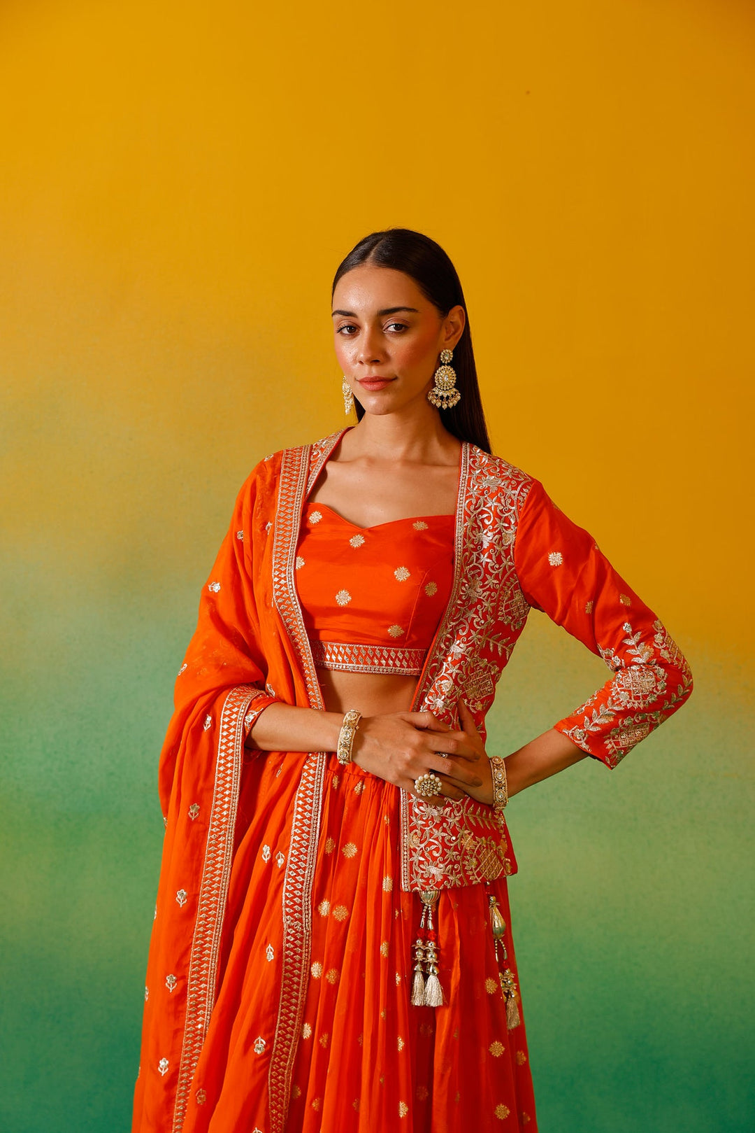 Neerus Orange organza embroidered lehenga ghagra set - detail view 4