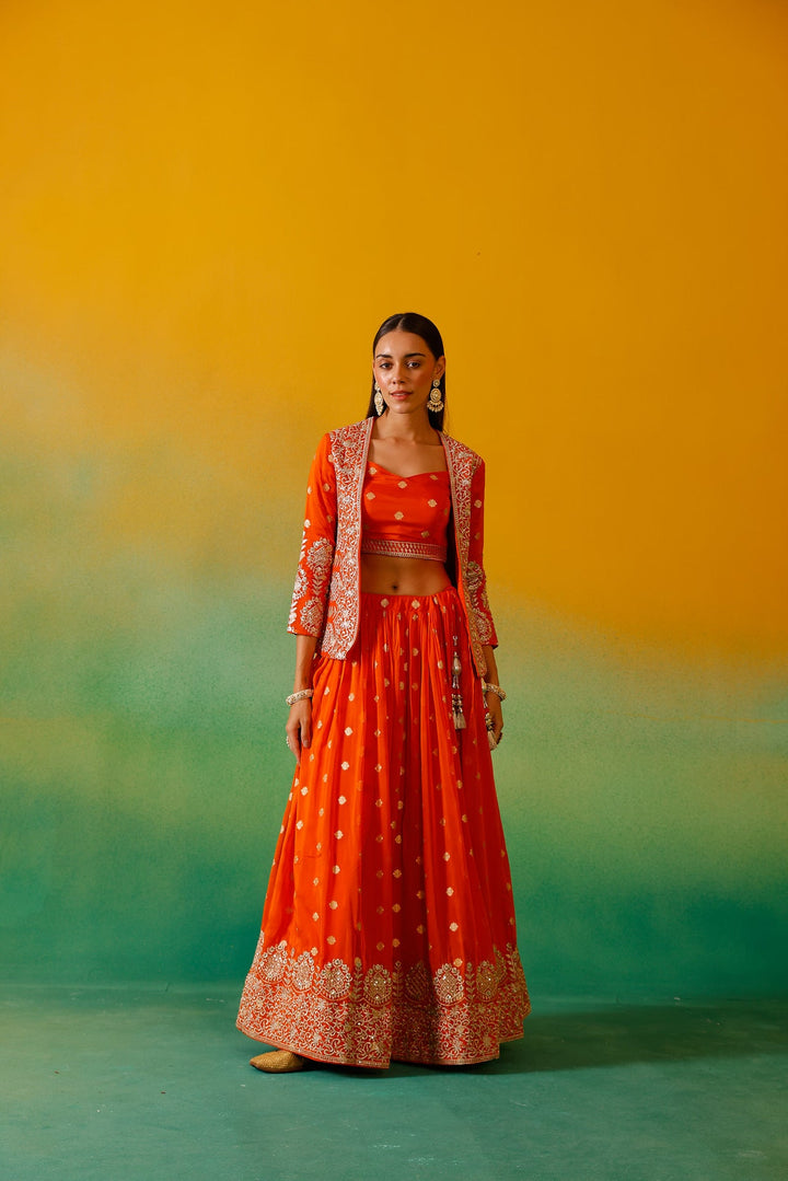 Neerus Orange organza embroidered lehenga ghagra set - detail view 6