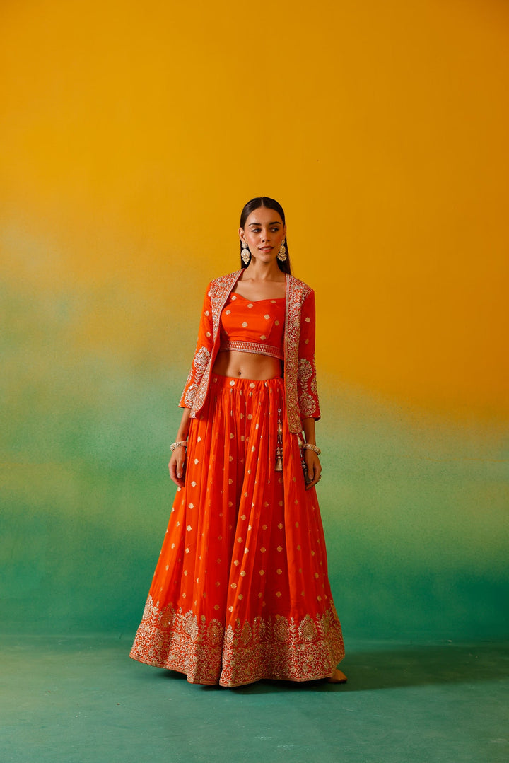 Neerus Orange organza embroidered lehenga ghagra set - detail view 7