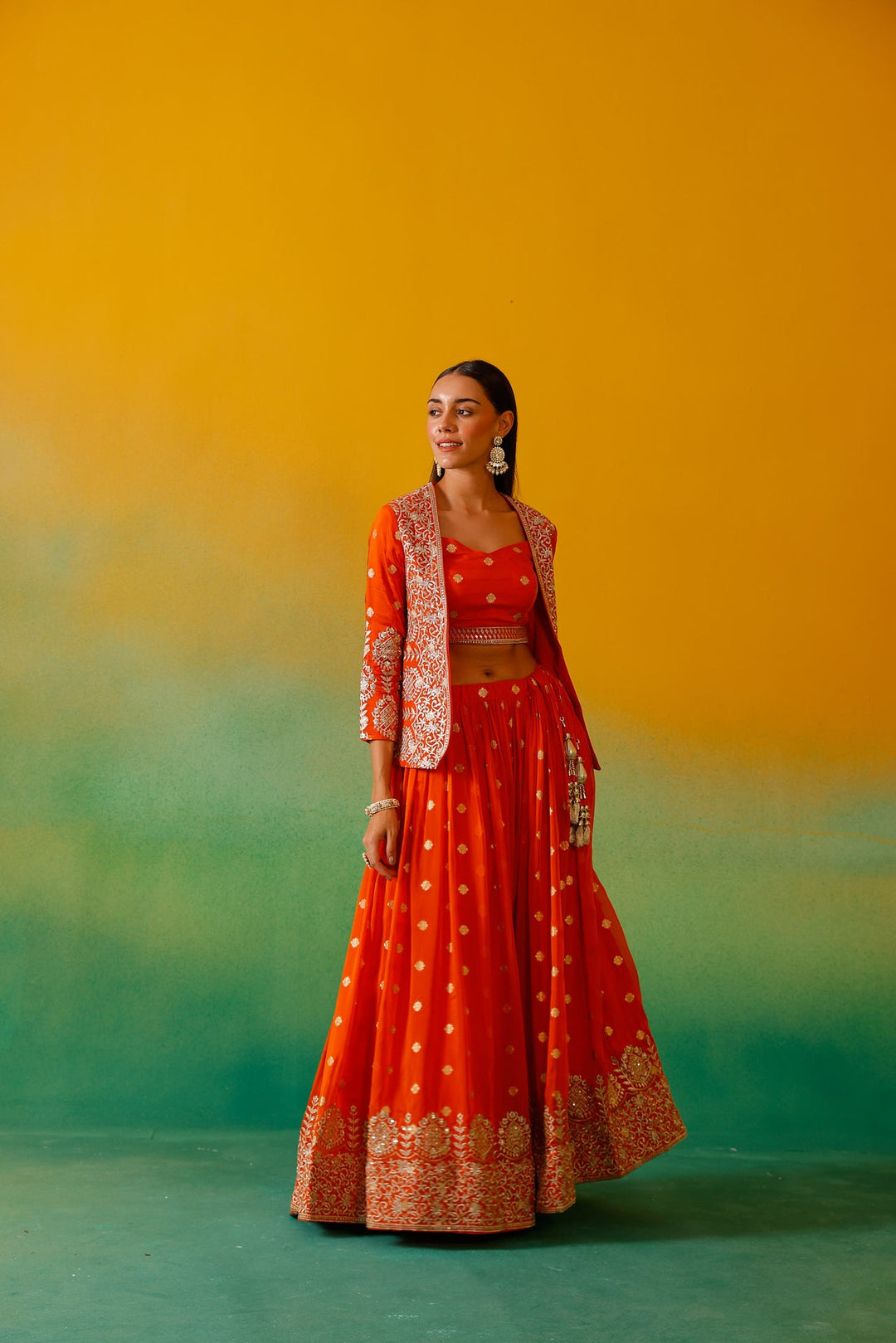 Neerus Orange organza embroidered lehenga ghagra set - detail view 8