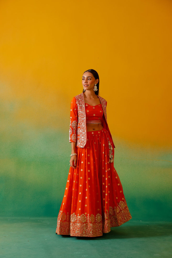 Neerus Orange organza embroidered lehenga ghagra set - detail view 8