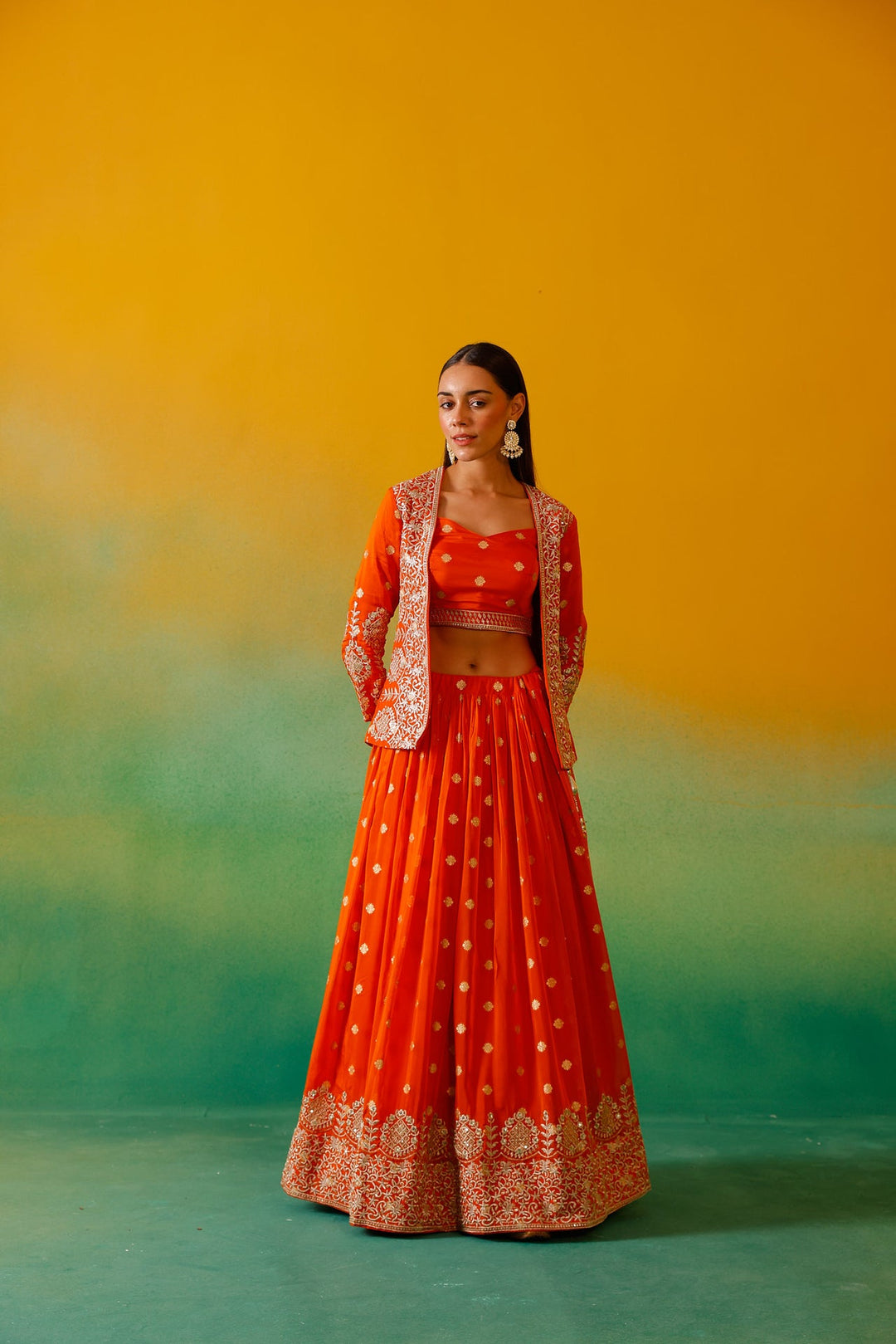 Neerus Orange organza embroidered lehenga ghagra set - detail view 9