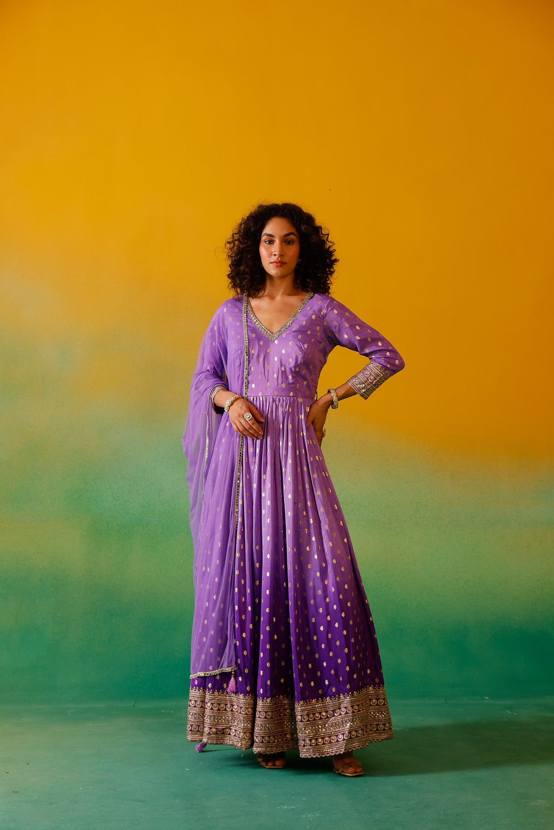 Neerus Purple Banarasi embroidered anarkali suit set - back view