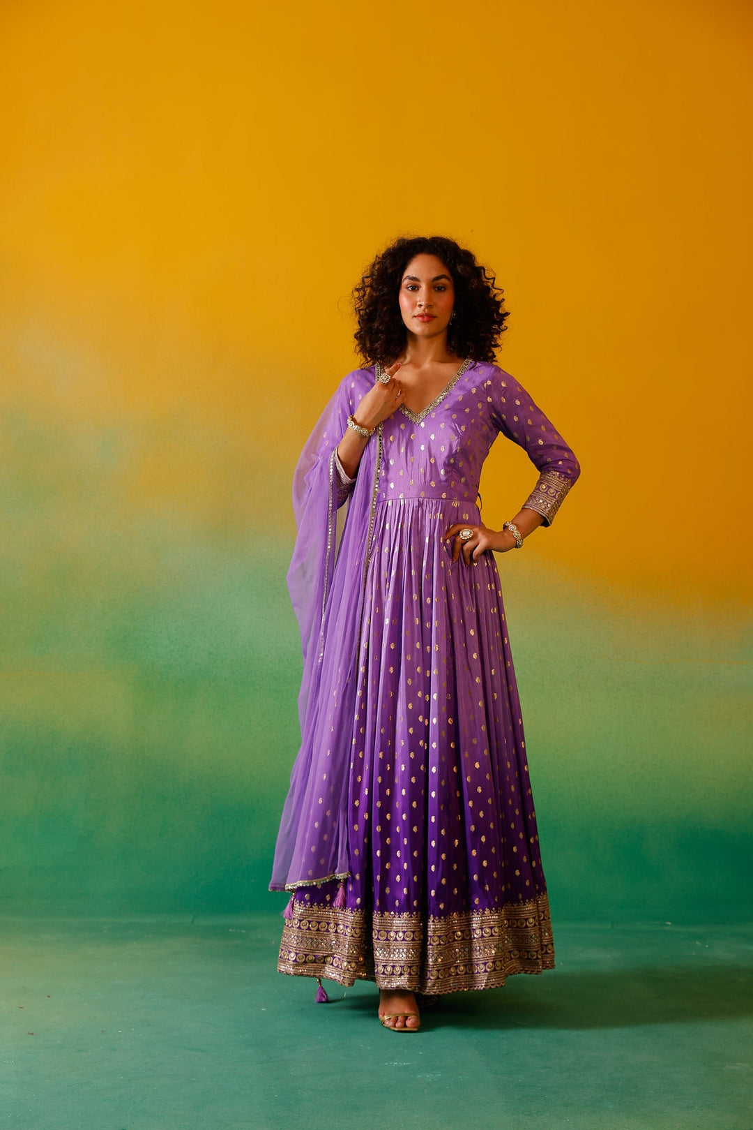 Neerus Purple Banarasi embroidered anarkali suit set - side view
