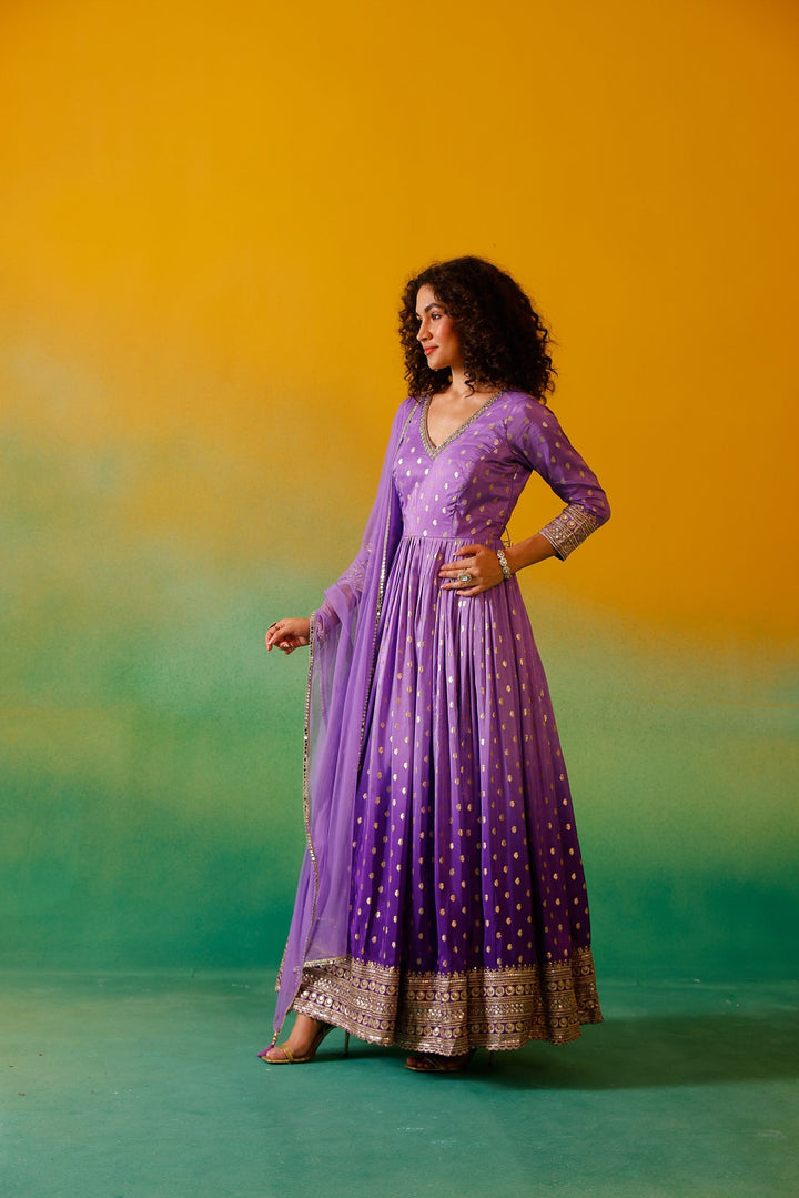 Neerus Purple Banarasi embroidered anarkali suit set - detail view 3