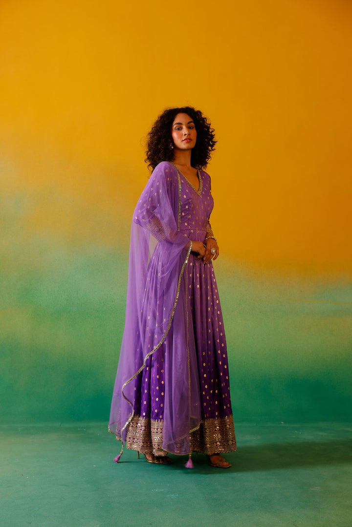 Neerus Purple Banarasi embroidered anarkali suit set - detail view 4