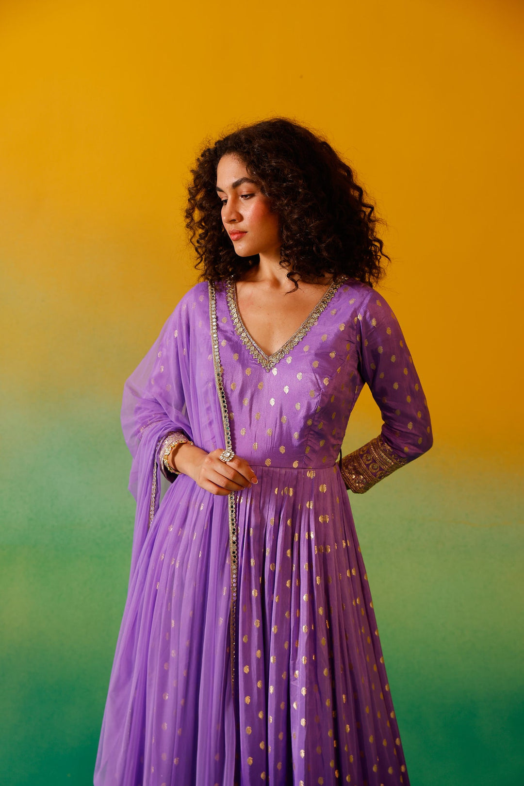 Neerus Purple Banarasi embroidered anarkali suit set - detail view 5