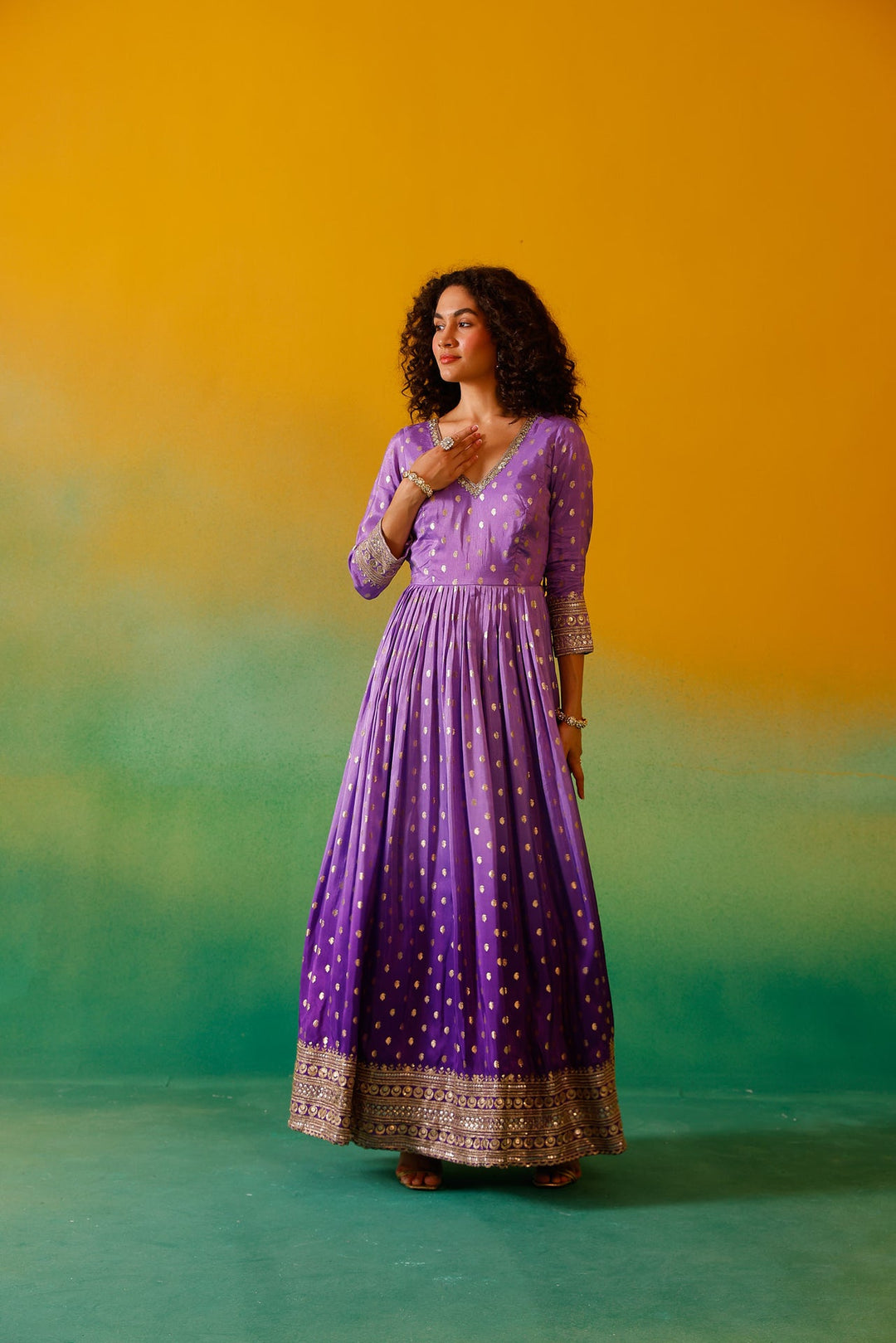 Neerus Purple Banarasi embroidered anarkali suit set - detail view 7