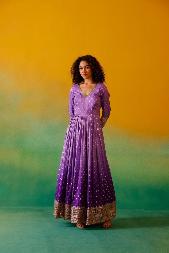 Neerus Purple Banarasi embroidered anarkali suit set - detail view 8