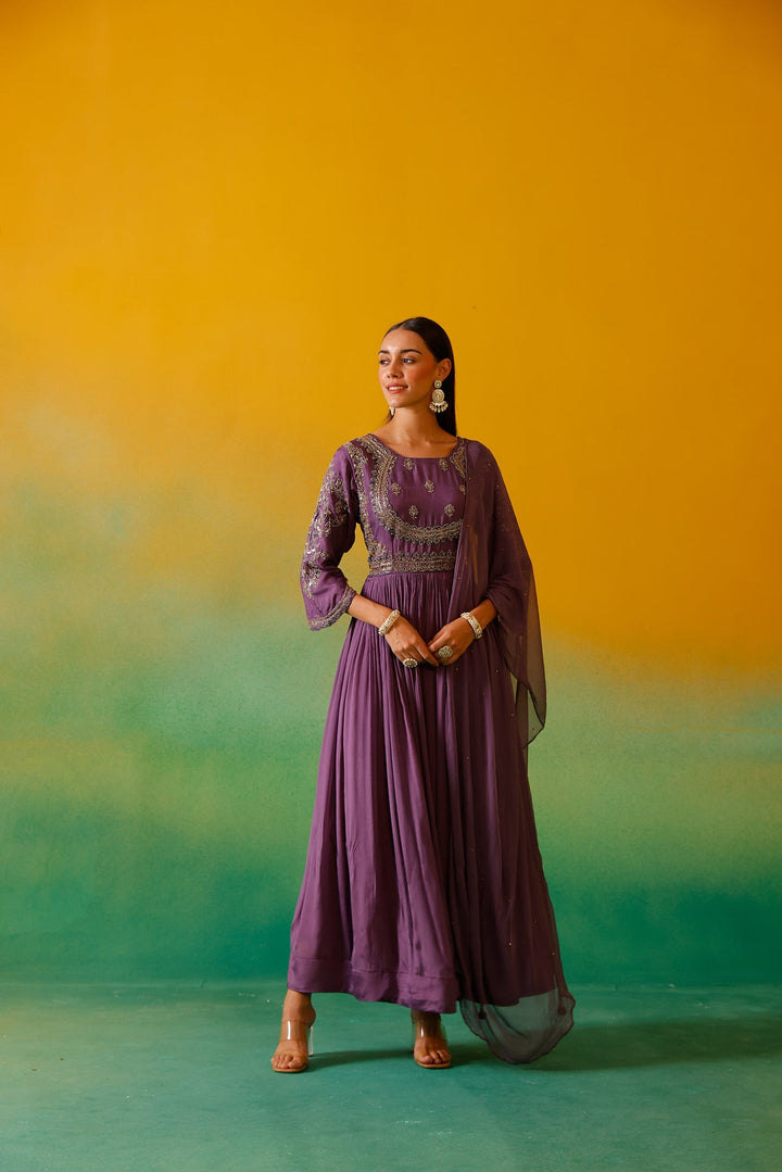 Neerus Purple chinon embroidered anarkali with dupatta - back view