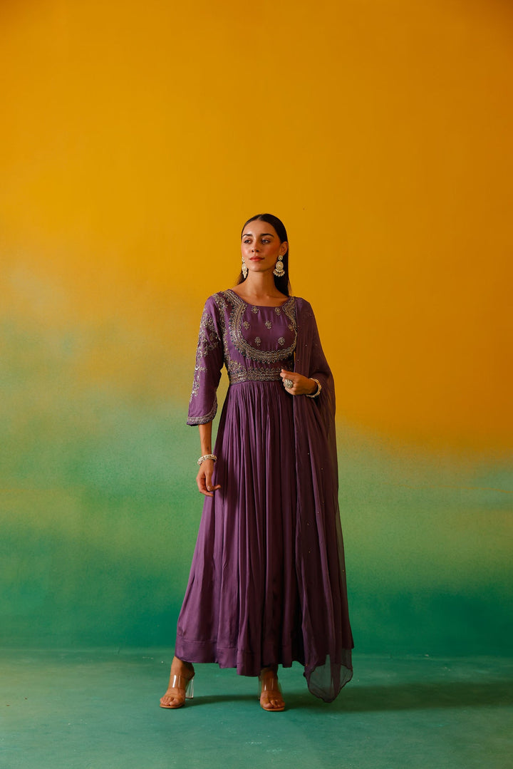 Neerus Purple chinon embroidered anarkali with dupatta - side view