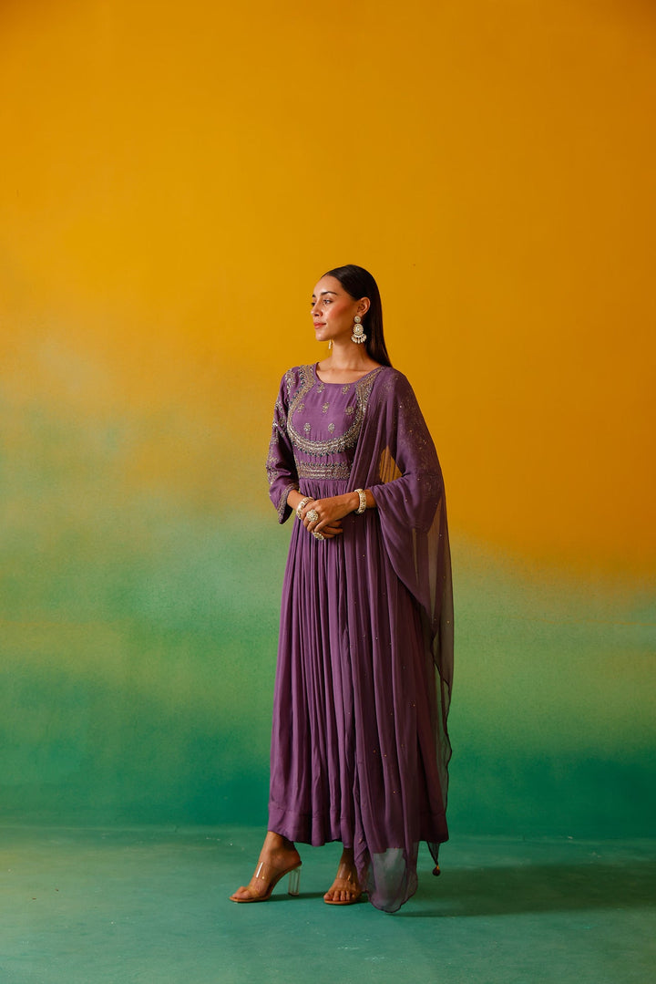 Neerus Purple chinon embroidered anarkali with dupatta - detail view 1