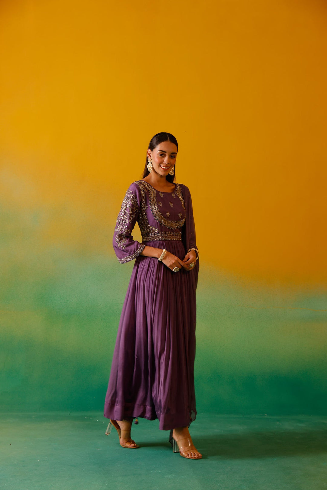 Neerus Purple chinon embroidered anarkali with dupatta - detail view 2