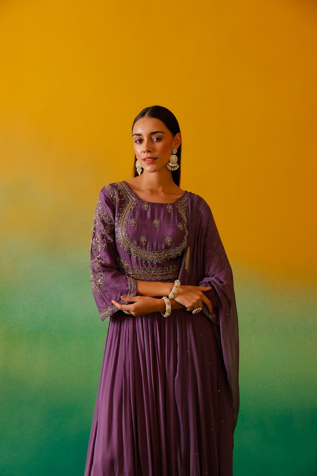 Neerus Purple chinon embroidered anarkali with dupatta - detail view 3