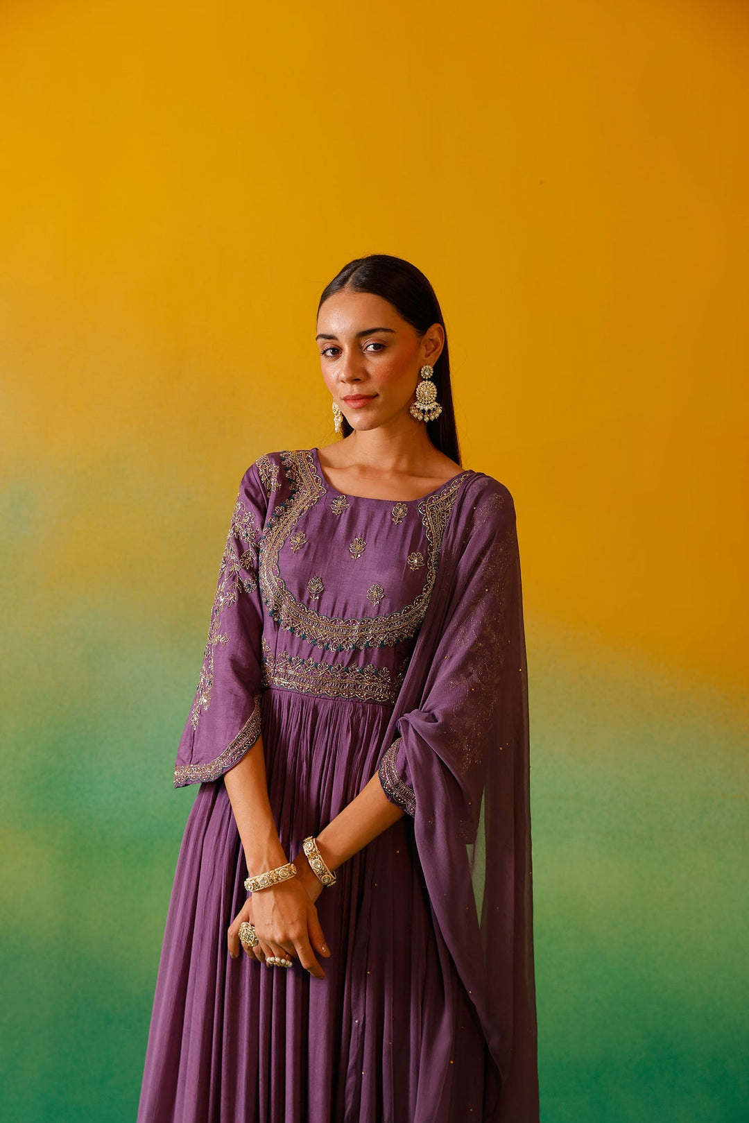Neerus Purple chinon embroidered anarkali with dupatta - detail view 4
