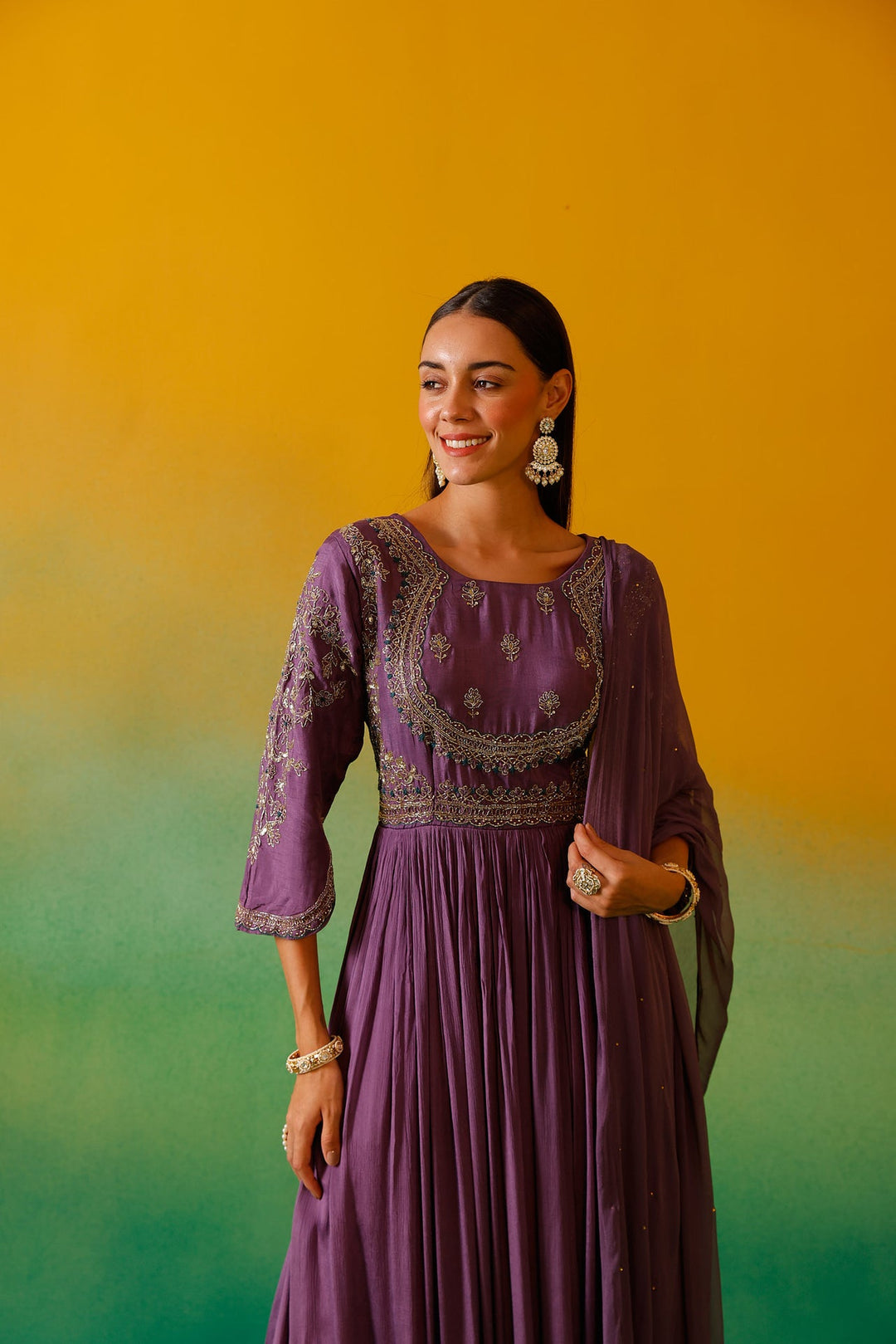 Neerus Purple chinon embroidered anarkali with dupatta - detail view 6