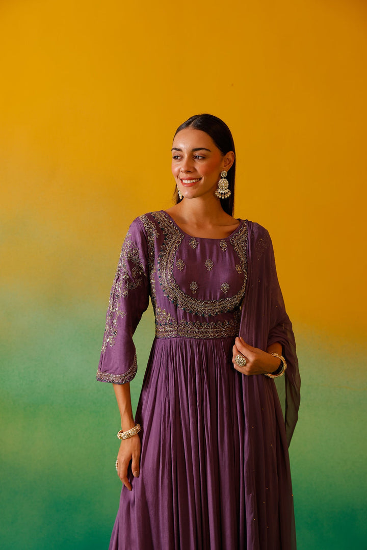 Neerus Purple chinon embroidered anarkali with dupatta - detail view 6