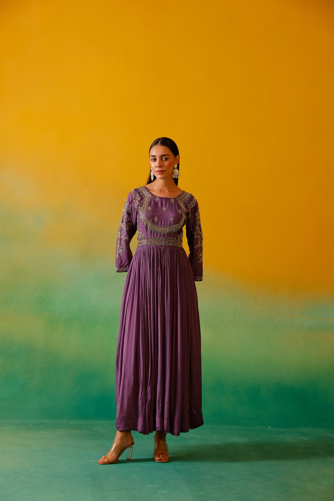 Neerus Purple chinon embroidered anarkali with dupatta - detail view 5