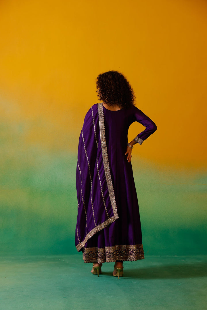 Neerus Purple silk embroidered anarkali suit set - back view