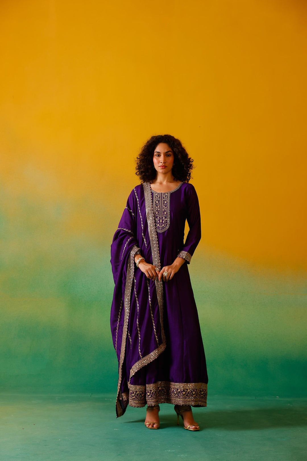 Neerus Purple silk embroidered anarkali suit set - side view