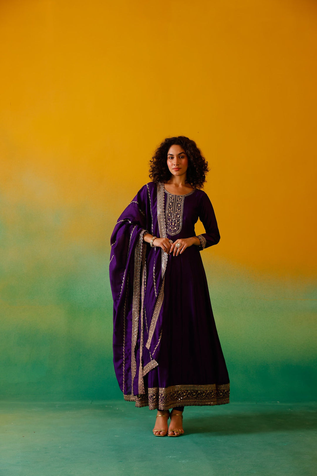 Neerus Purple silk embroidered anarkali suit set - detail view 1