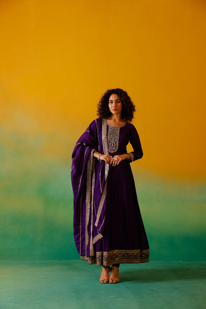 Neerus Purple silk embroidered anarkali suit set - detail view 1