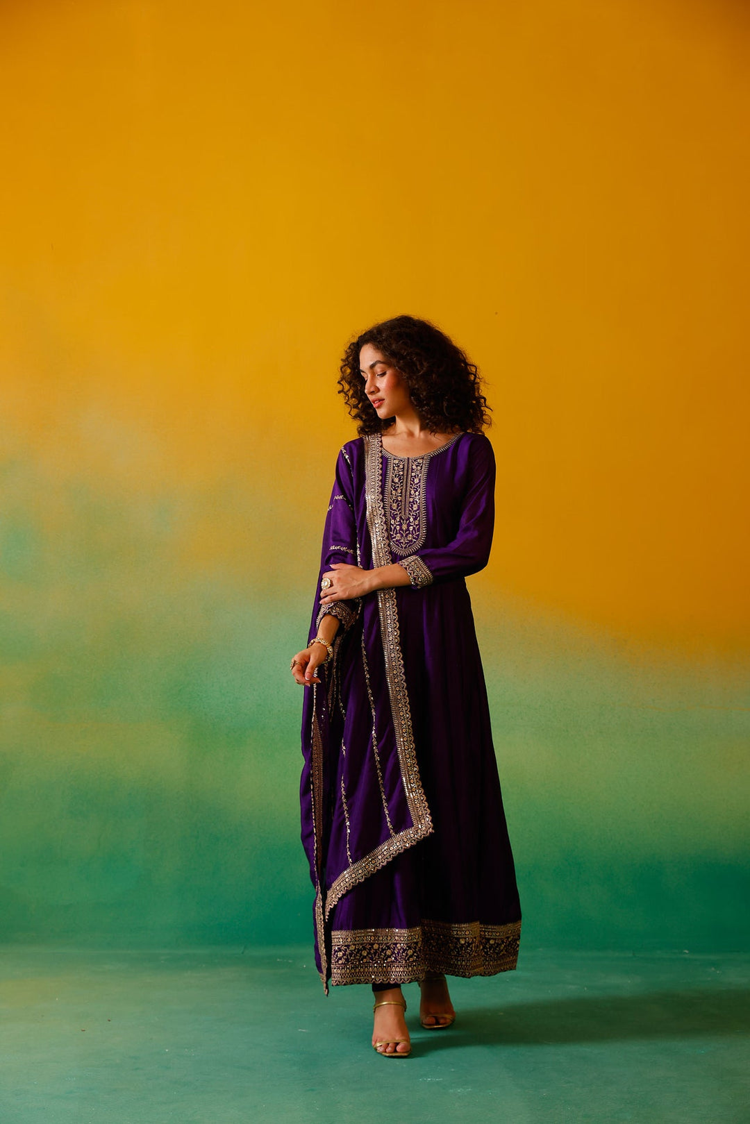Neerus Purple silk embroidered anarkali suit set - detail view 3
