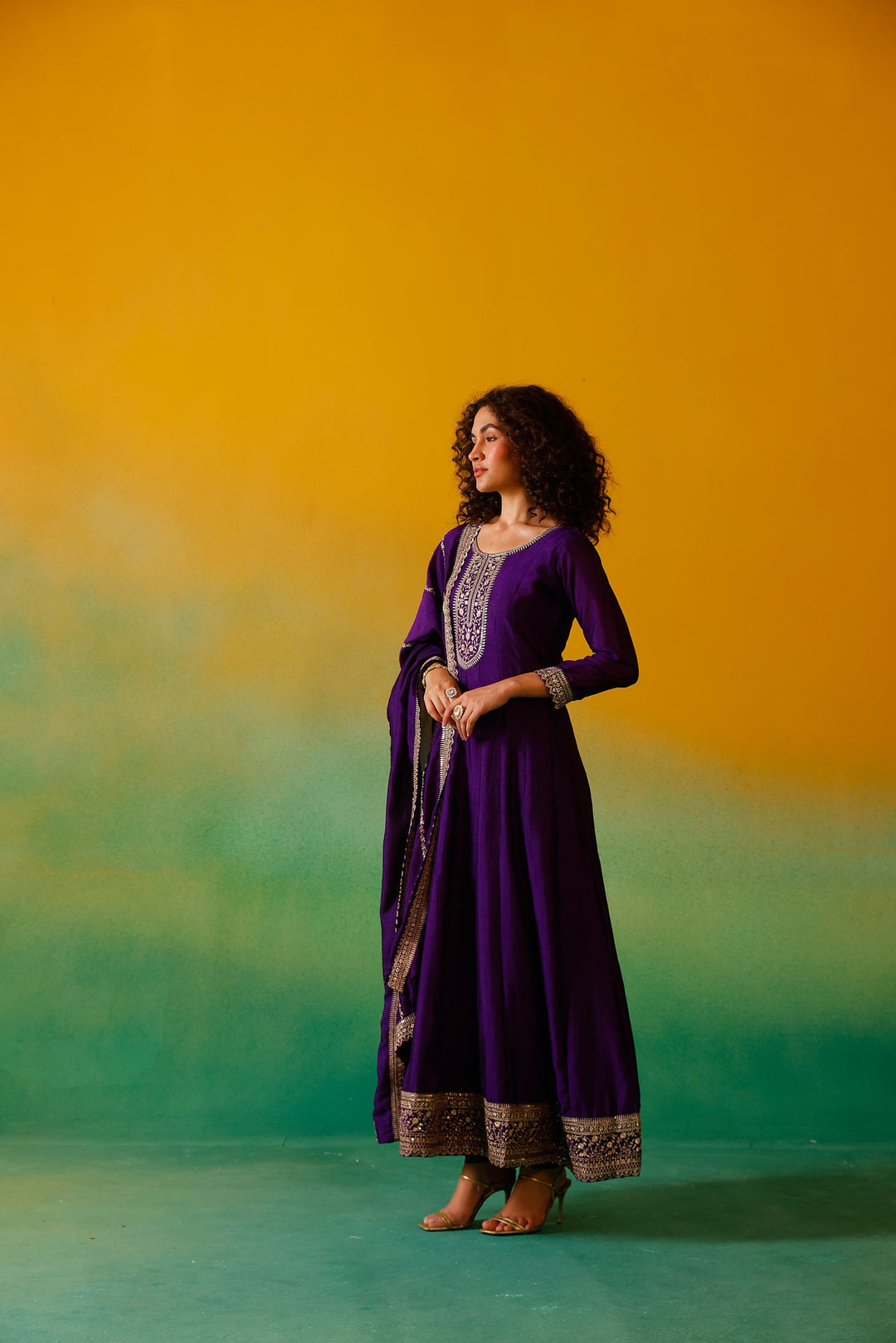 Neerus Purple silk embroidered anarkali suit set - detail view 4