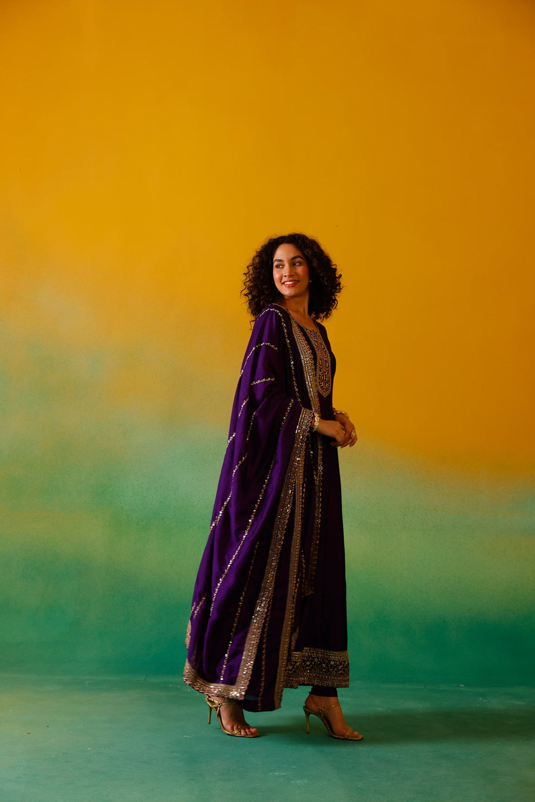 Neerus Purple silk embroidered anarkali suit set - detail view 5
