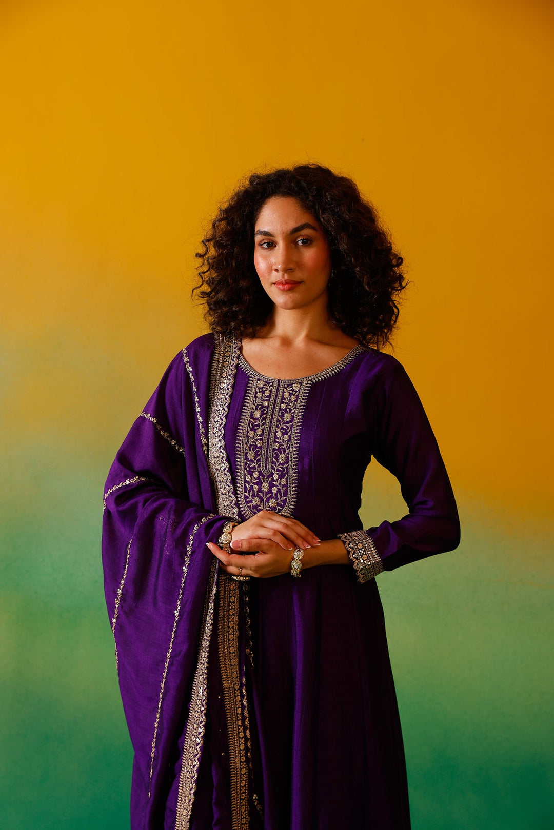Neerus Purple silk embroidered anarkali suit set - detail view 6