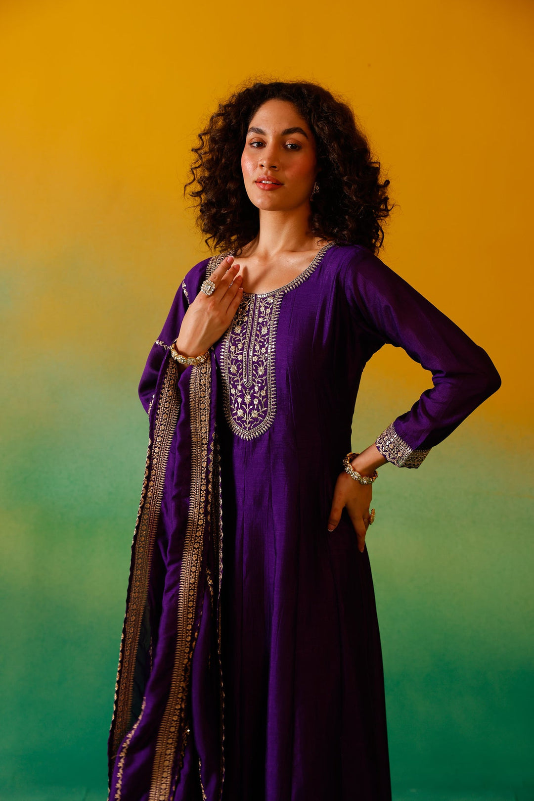 Neerus Purple silk embroidered anarkali suit set - detail view 7