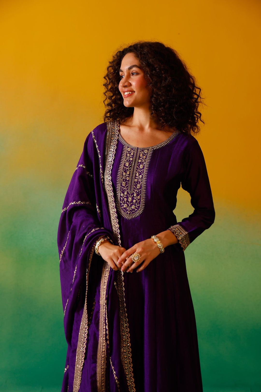 Neerus Purple silk embroidered anarkali suit set - detail view 8