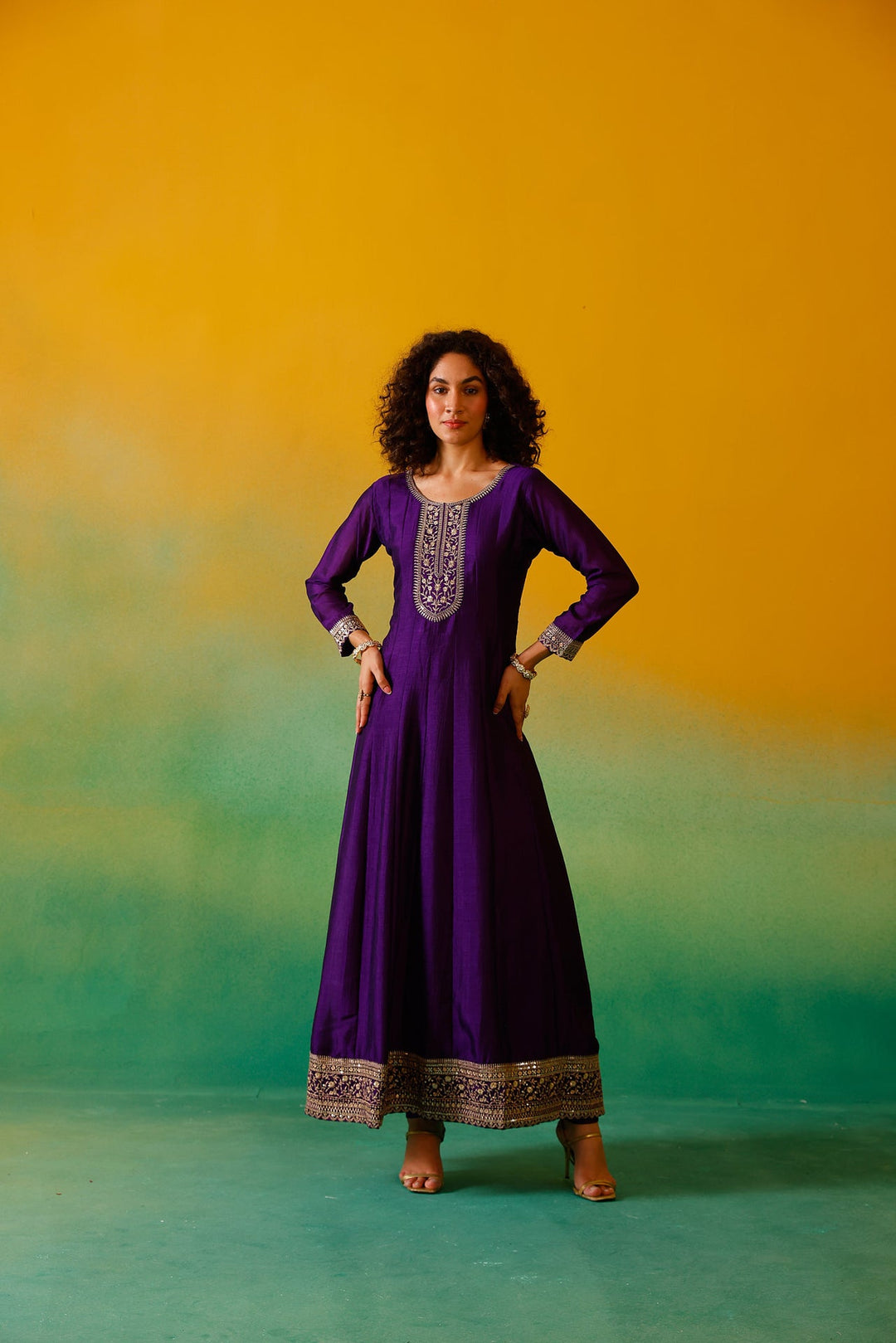 Neerus Purple silk embroidered anarkali suit set - detail view 9