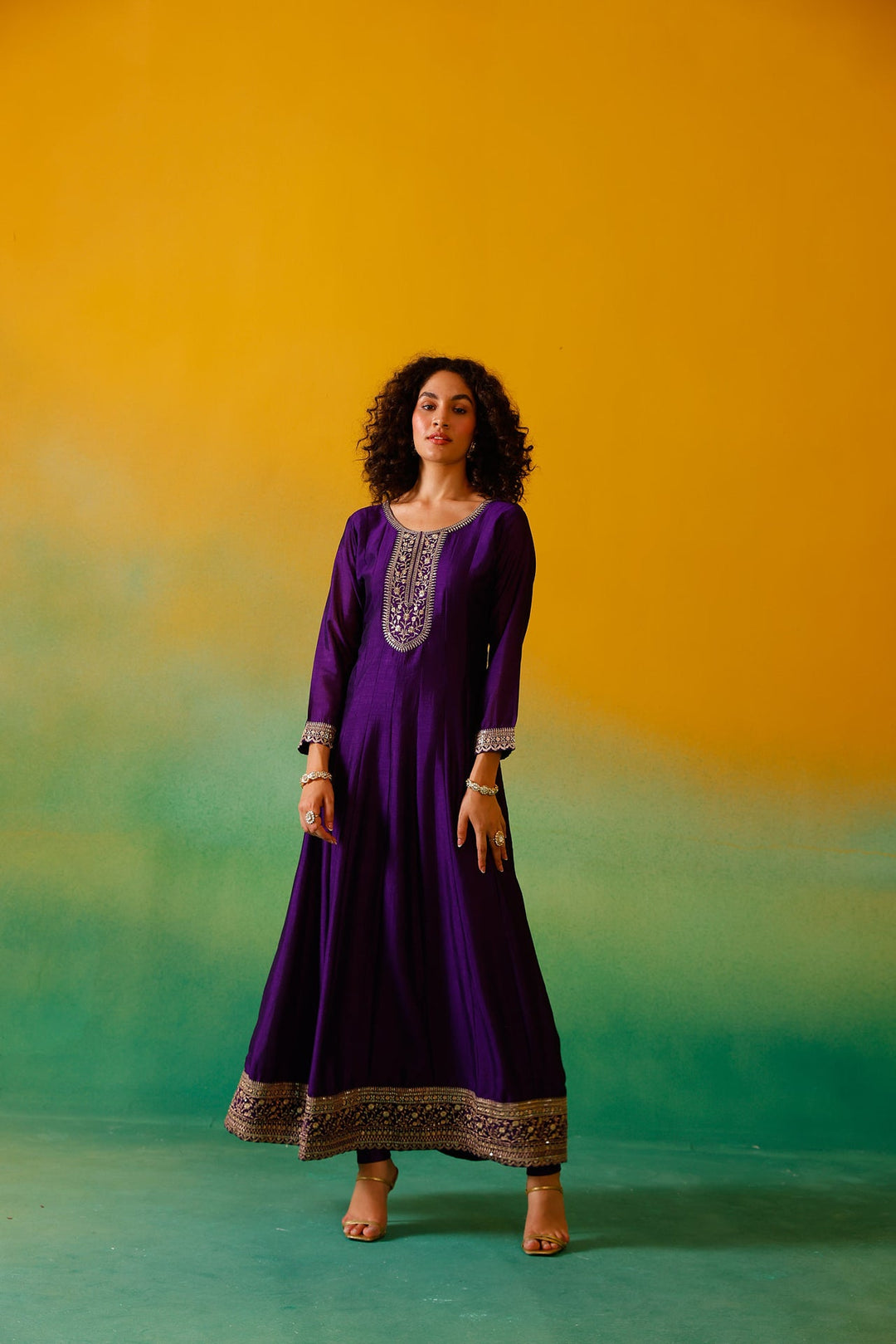 Neerus Purple silk embroidered anarkali suit set - detail view 10