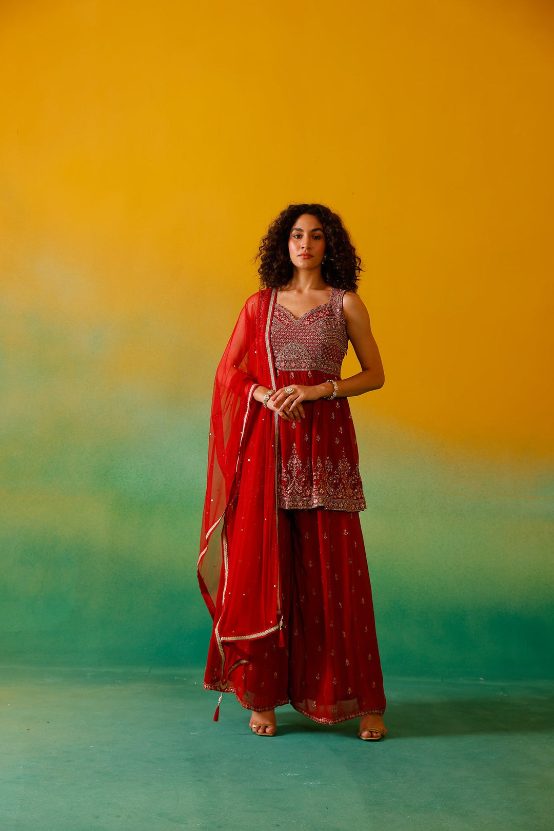 Neerus Red Georgette Embroidered Suit Set - back view