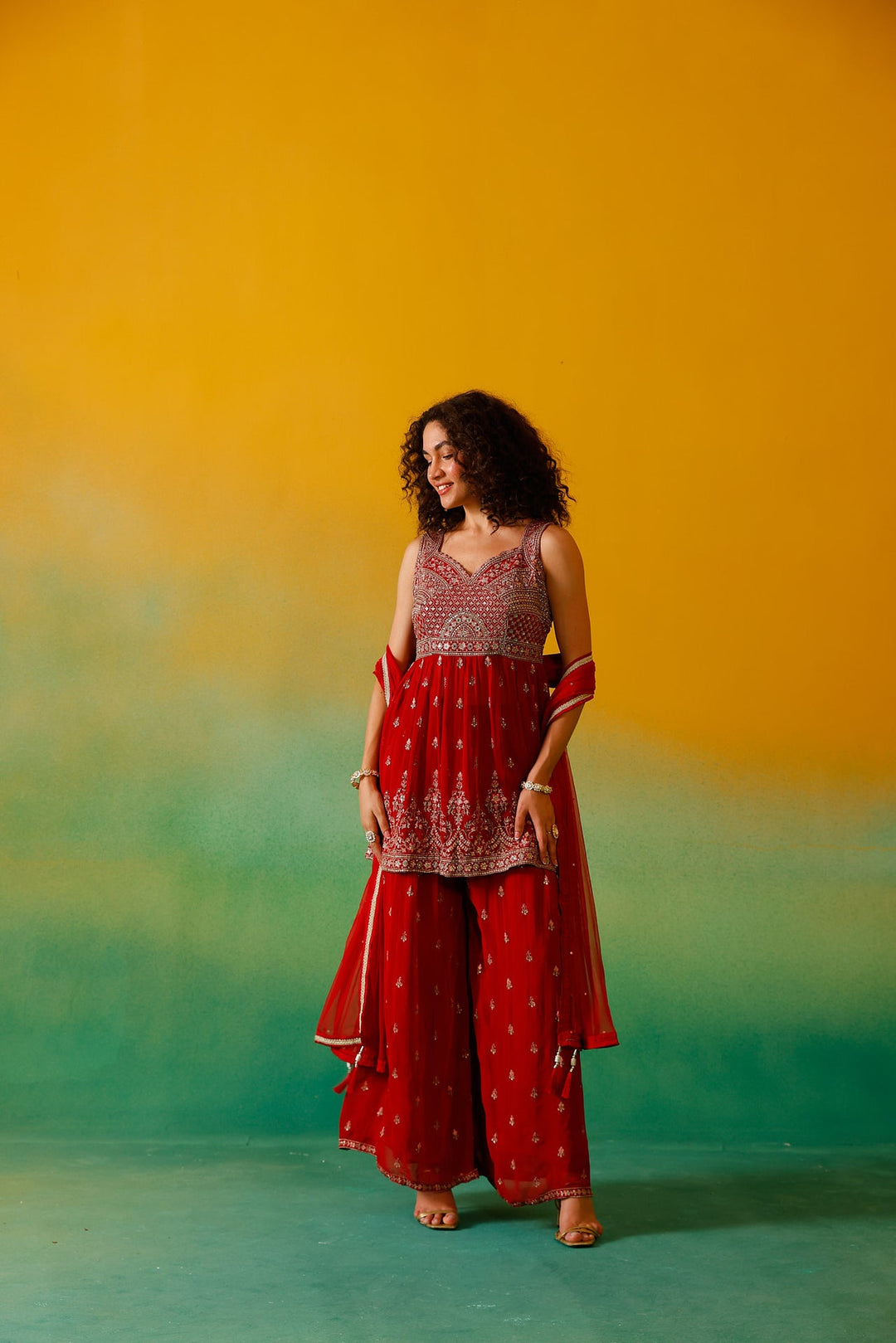 Neerus Red Georgette Embroidered Suit Set - detail view 5