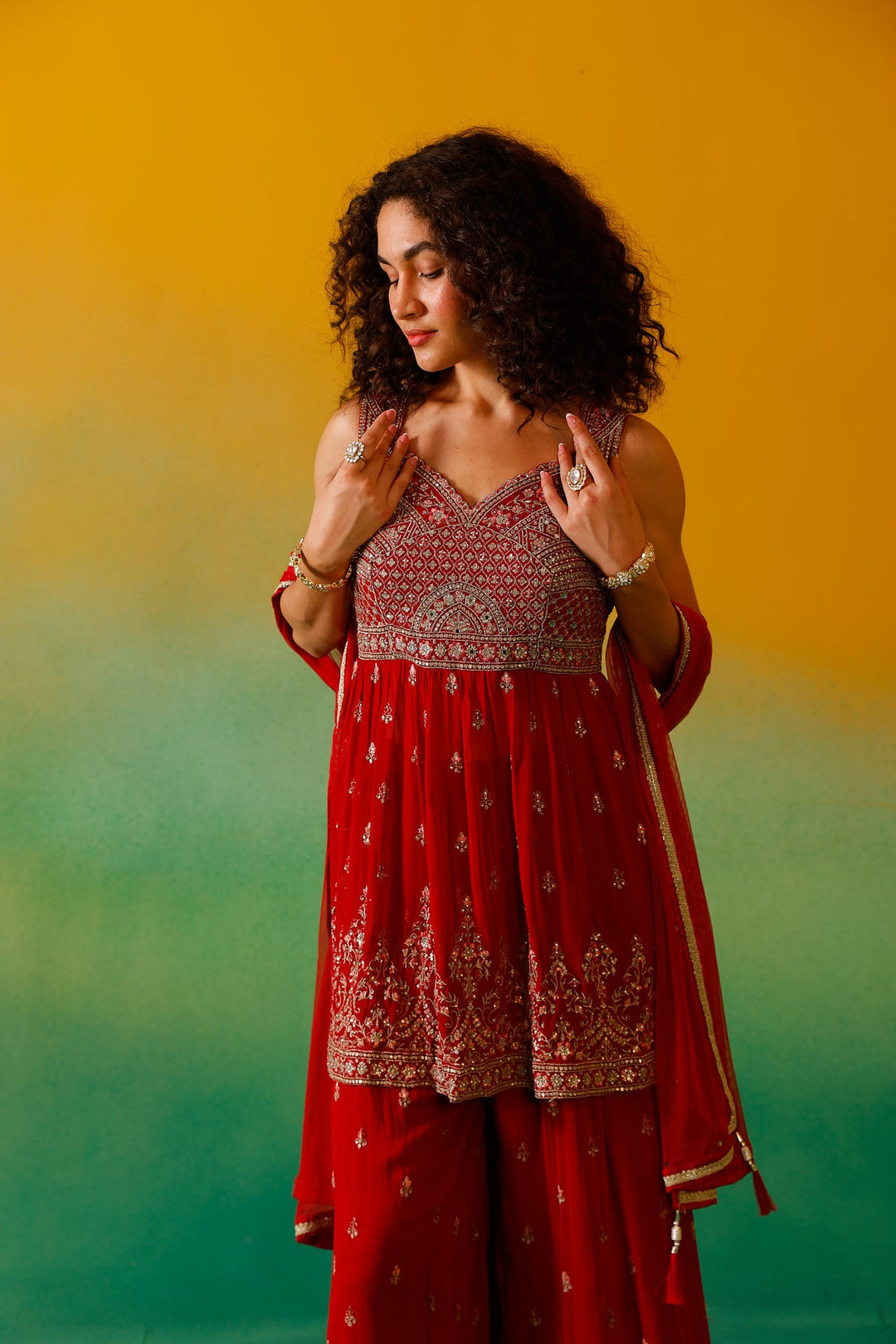 Neerus Red Georgette Embroidered Suit Set - detail view 10